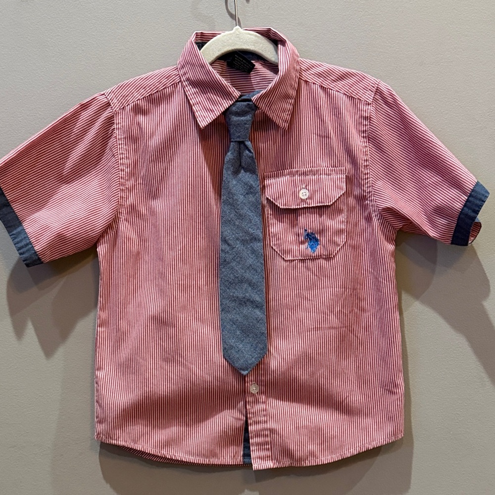 U.S. Polo Assn. Red Striped Kids Button Down Shirt with Tie